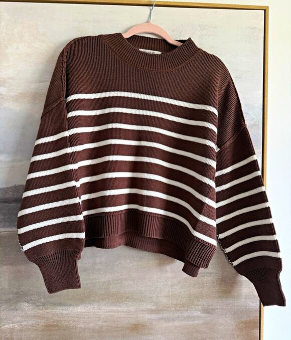 Zenana Sweaters - Zenana Women’s Striped Rib-Knit Exposed Seam Oversized Sweater Brown S/M